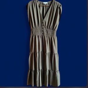 Calvin Klein Khaki Smocked Midi Dress
